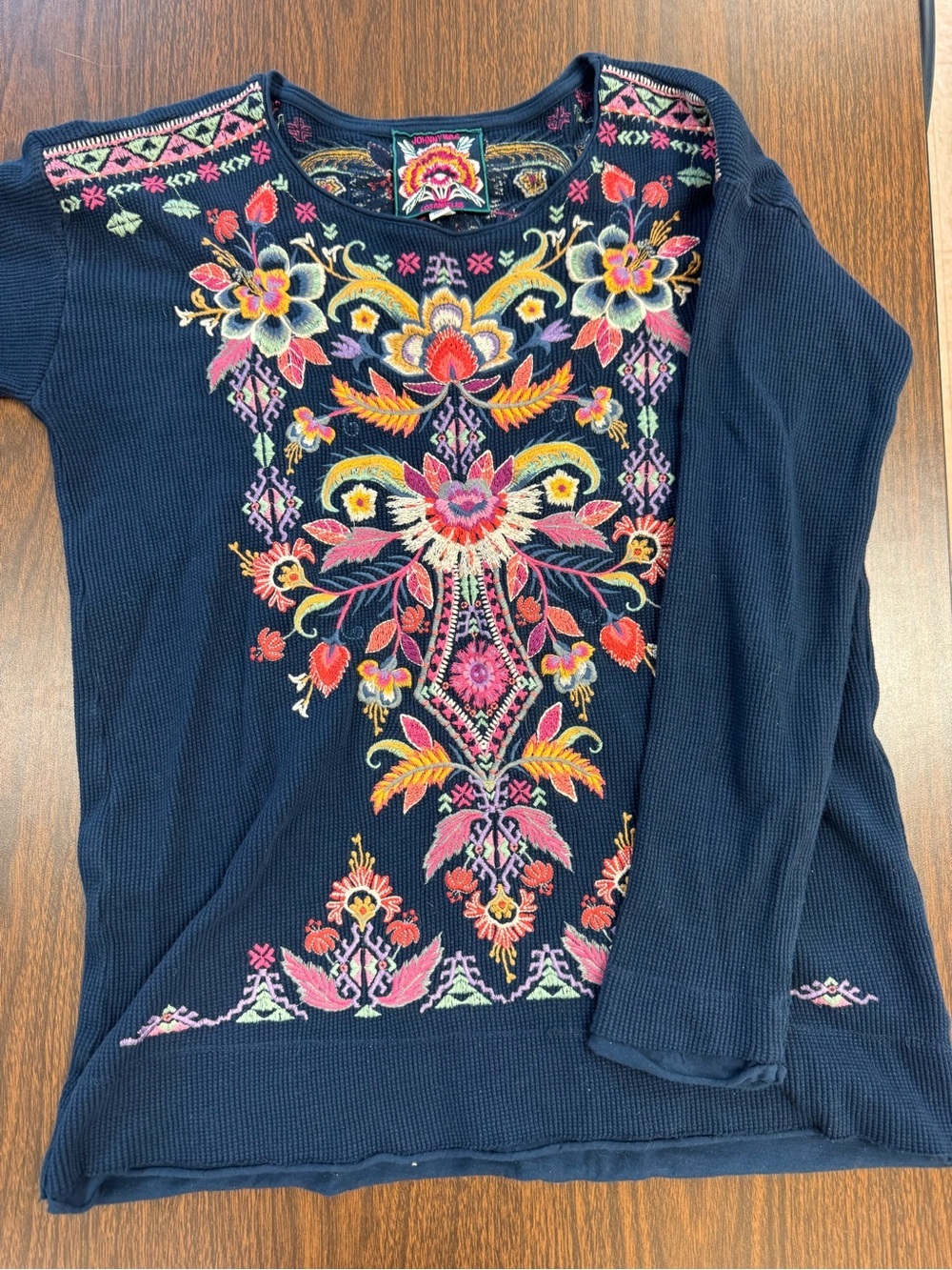Johnny Was Navy Embroidered Floral Long Sleeve Top
